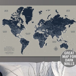 Greige & Navy Push Pin Travel Map World, Custom Push Pin World Map, Canvas Map, Travel Gifts, Large wall art, Push Pin Map, wanderlust