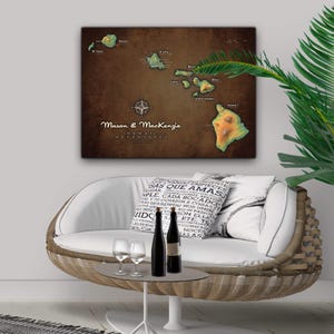 May include: A brown canvas print with a vintage map of the Hawaiian Islands. The map is labeled with the names of the islands and includes a compass rose. The text "Mason & Mackenzie Hawaii Adventures" is printed below the map.
