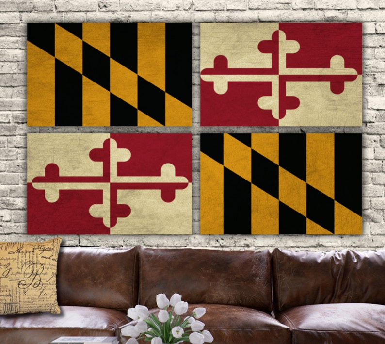 Maryland State Flag on Canvas 4 panel set. Vintage art, large Canvas Art, Maryland Flag, Big art image 1