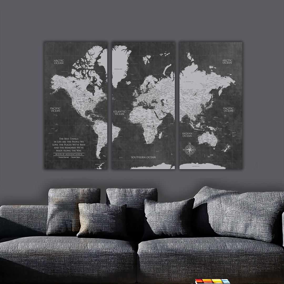 Grey Push Pin World Travel Map - Canvas Art, Custom Push Pin Map, 3 ...