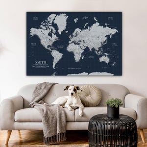 Navy Push Pin Travel Map World, Custom Push Pin World Map, Canvas Map, Travel Gifts, Travel Map Canvas, Push Pin Map, Personalized Map