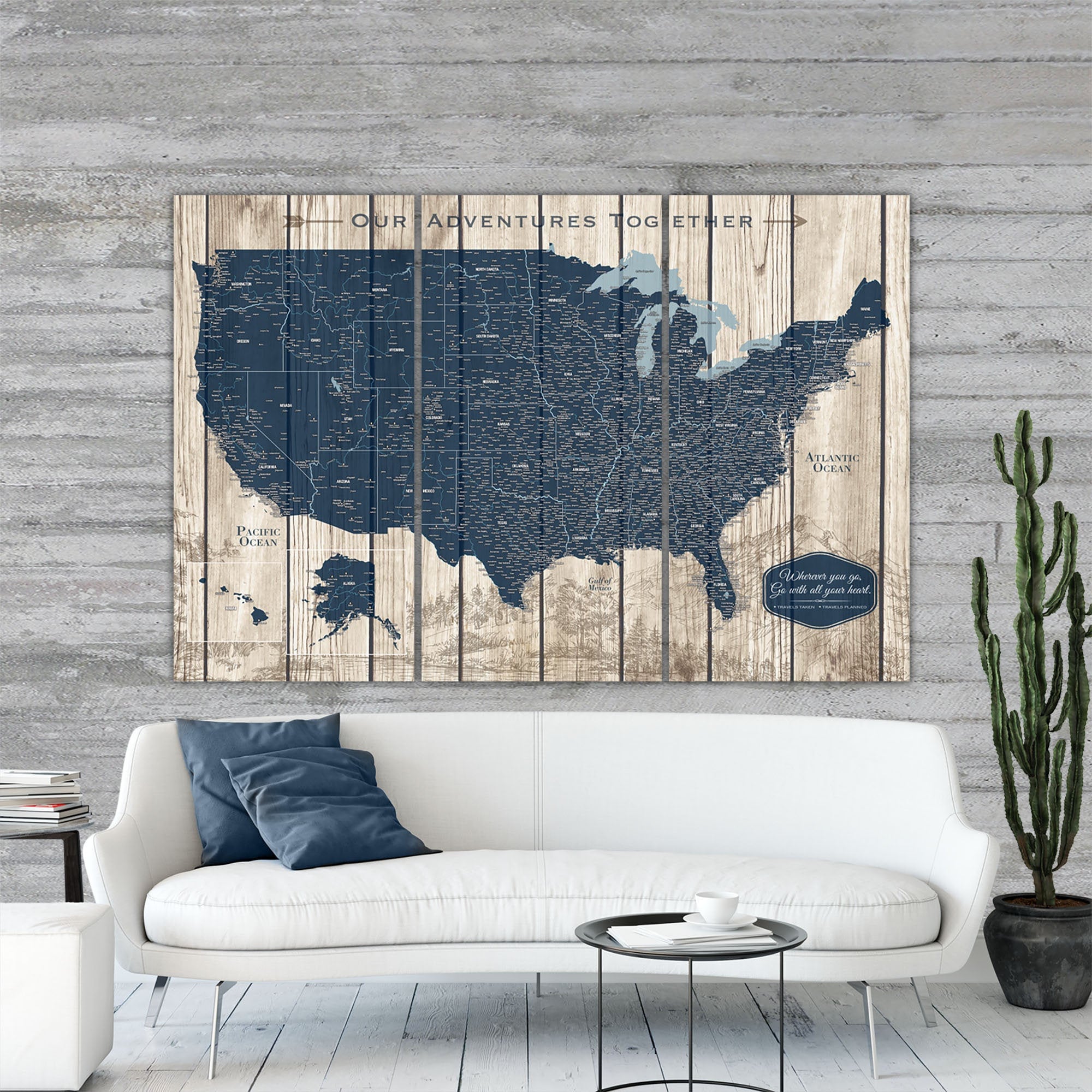 Holy Cow Canvas Personalized Grey Push Pin World Map on Canvas, 3 Sizes,  With Pins to Mark Travels, World Map Pin Board, Best Gift for People Who