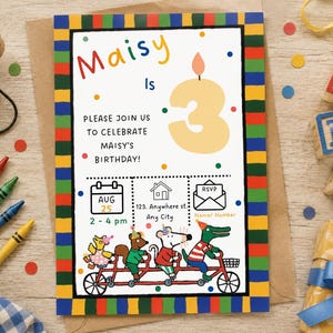 Op de afbeelding: Een rechthoekige verjaardagsuitnodigingskaart met een kleurrijke gestreepte rand, met de tekst 'Maisy is 3', 'Please join us to celebrate Maisy's birthday!', 'Aug 25', '2-4 pm', '123. Anywhere st. Any City' en 'RSVP Name/Number' met dierenillustraties.