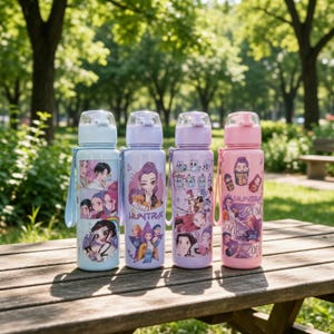 Könnte beinhalten: Vier farbenfrohe Wasserflaschen mit transparenten Deckeln und Trageriemen stehen auf einem Holztisch. Jede Flasche hat ein anderes Design mit Illustrationen im Anime-Stil und dem Text "HUNTRA". Die Flaschen sind in Blau-, Lila- und Rosatönen gehalten.