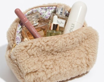 Fluffy Boucle Makeup Bag | Teddy Sherpa Toiletry Pouch, Floral Lining, Gold Zipper