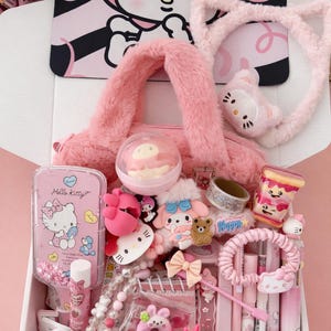 My Melody Kawaii Sanrio mystery scoop box contents including plush toys, stationery, stickers and cute character accessories