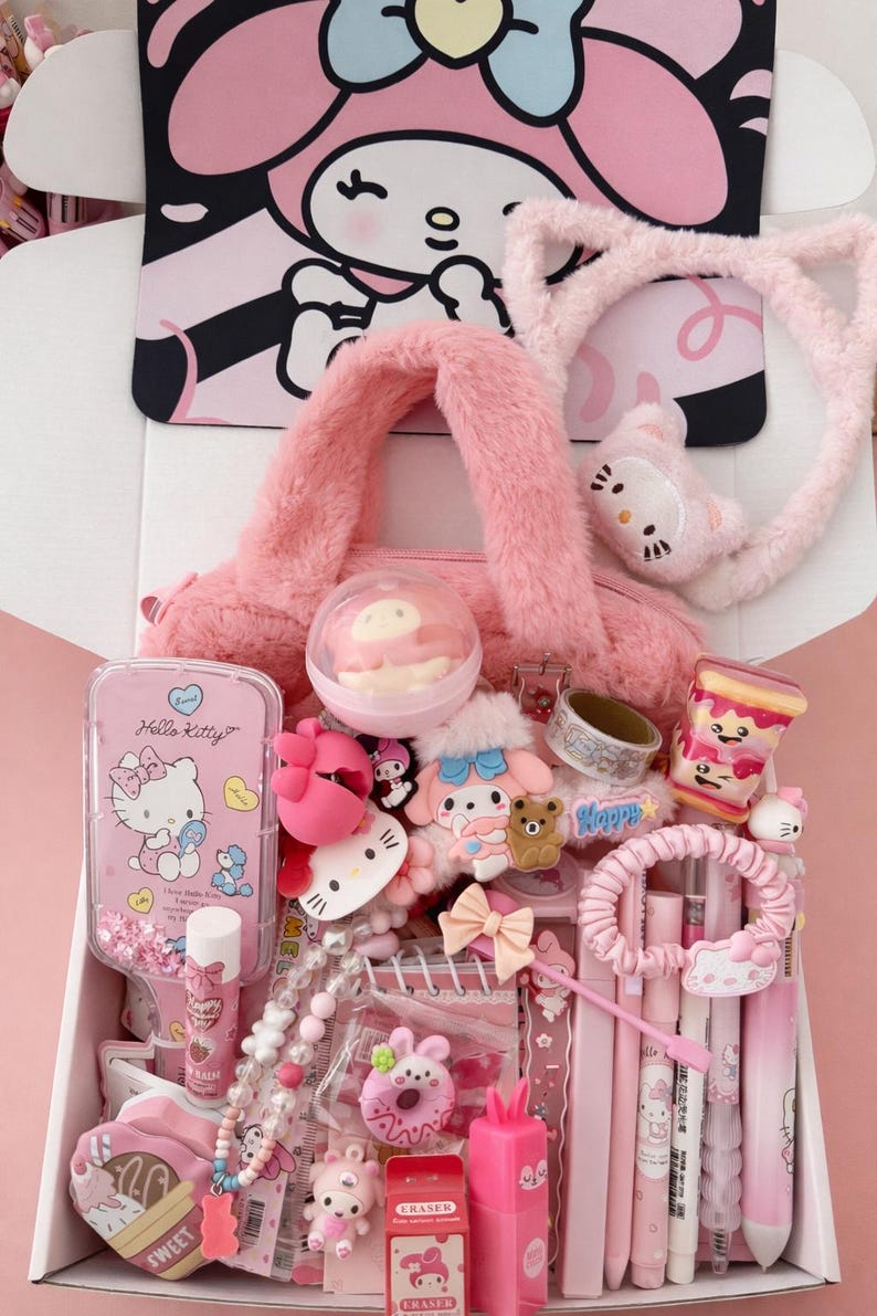 My Melody Kawaii Sanrio mystery scoop box contents including plush toys, stationery, stickers and cute character accessories