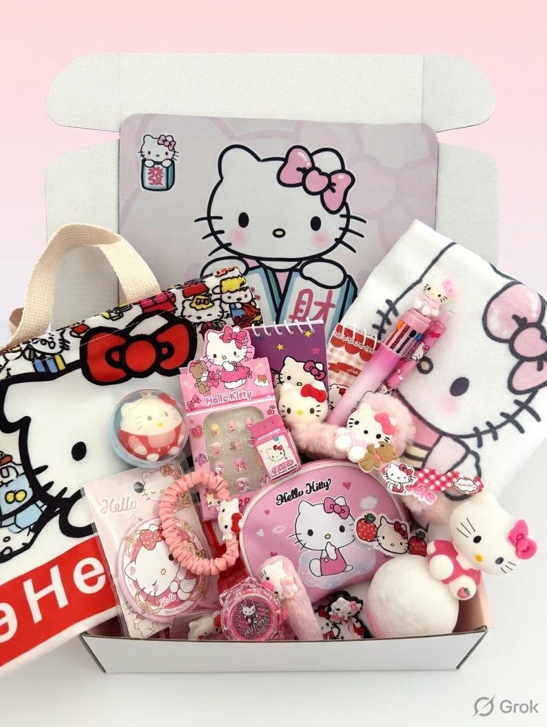 May include: A collection of Hello Kitty themed merchandise in a white box. Items include a tote bag, a cosmetic bag, a watch, a notebook, a pen, a hair tie, and various small figurines. The color scheme is primarily pink, white, and red.