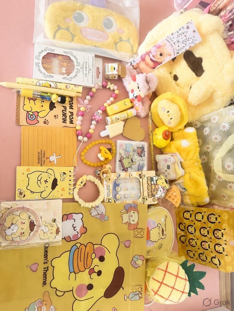 May include: A collection of yellow and pink themed merchandise, including a plush pencil case, notebooks, pens, lip balms, bracelets, and a plush Winnie the Pooh bag. The items feature cartoon characters and the text "Queen's Theme."