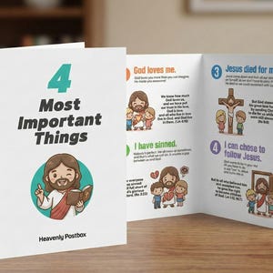 May include: A white, tri-fold brochure with the title "4 Most Important Things" in black and teal. The brochure features cartoon illustrations of Jesus and children, with text about faith and love.