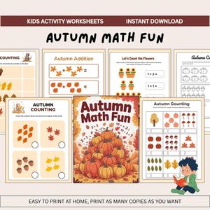 Printable Autumn Math Worksheets for Kindergarten | Fall Math Activities | Digital Kindergarten Worksheets | Instant Download | PDF Print