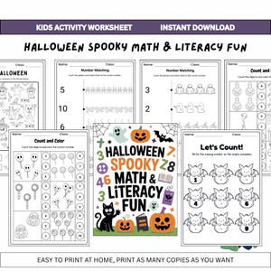 May include: A Halloween-themed kids' activity worksheet featuring the text "Halloween Spooky Math & Literacy Fun." The worksheet includes counting, matching, and colouring activities with pumpkins, ghosts, and bats. The text "Easy to print at home, print as many copies as you want" is also visible.