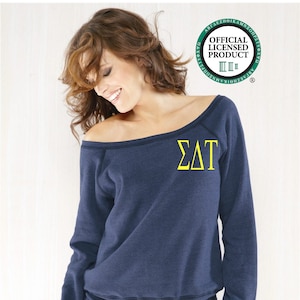 Sigma Delta Tau Sweatshirt, Off Shoulder Wide Neck Pullover, Embroidered Sigma Delta Tau Merch, Greek Sorority Apparel and Clothing Gifts,