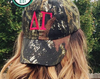 Delta Gamma Camo Baseball Hat, Dee Gee Camouflage Cap, Sorority Rush Week Big Little Reveal Gift with Embroidered Greek DG Letters Merch