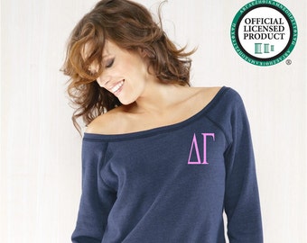 Delta Gamma Sweatshirt, Off Shoulder Wide Neck Pullover Sweater, Embroidered DG Merch, Greek Sorority Apparel and Clothing Big Little Gifts