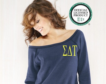 Sigma Delta Tau Sweatshirt, Off Shoulder Wide Neck Pullover, Embroidered Sigma Delta Tau Merch, Greek Sorority Apparel and Clothing Gifts,