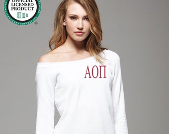 Alpha Omicron Pi Sweatshirt, Off Shoulder Wide Neck Pullover, Embroidered AOPi Merch, Greek Sorority Apparel and Clothing Big Little Gifts