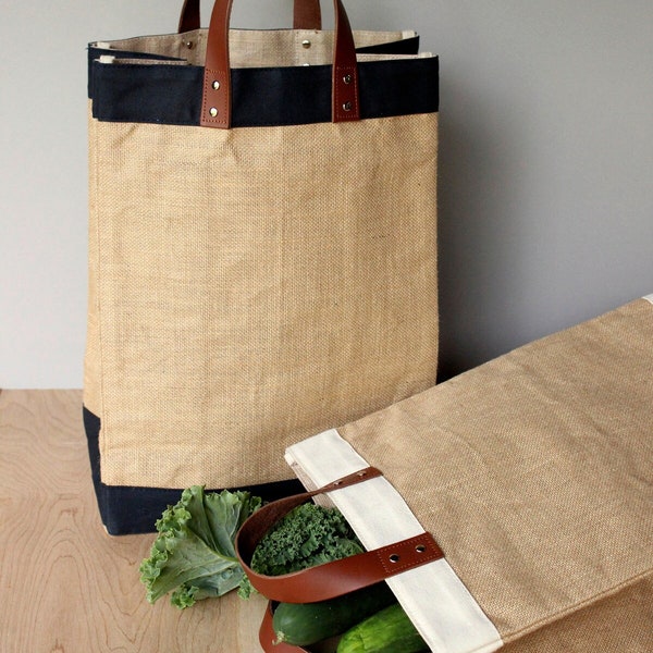 Monogram Market Tote Bag for Grocery Shopping Farmers Markets in Jute Canvas Trim Leather Handles, Reusable Sustainable Zero Waste Sack