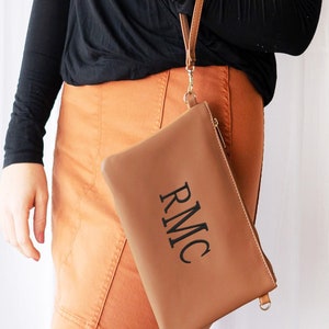 Monogrammed Wristlet Clutch Purse in Vegan Leather or Cork Personalized with Embroidered Monogram Bridesmaid Gift for Her Mothers Day Gift image 1