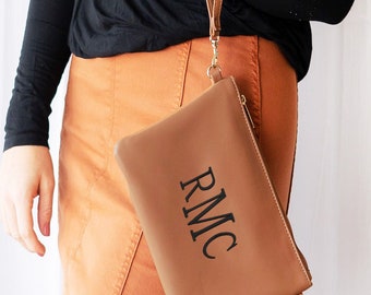 Monogrammed Wristlet Clutch Purse in Vegan Leather or Cork Personalized with Embroidered Monogram Bridesmaid Gift for Her Mothers Day Gift