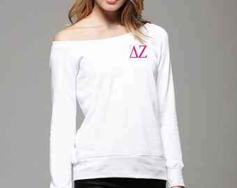 Delta Zeta Sweatshirt, Off Shoulder Wide Neck Pullover DeeZee, Embroidered DZ Merch, Greek Sorority Apparel and Clothing Big Little Gifts