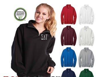 Sigma Delta Tau Pullover Quarter Zip Sweatshirt with Funnel Neck, Greek Sorority Rush Week Bid Day Big Little Sister Merch SDT Apparel Gifts