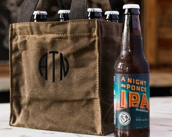 Personalized Beer Caddy Waxed Canvas Tote Bag, Embroidered Groomsmen Gift, Monogram Alcohol Beverage Caddie Carrier, Fathers Day Anniversary