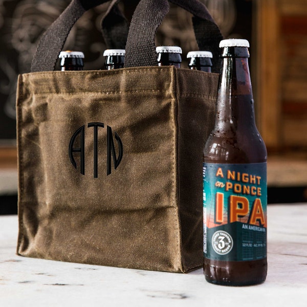 Personalized Beer Caddy Waxed Canvas Tote Bag, Embroidered Groomsmen Gift, Monogram Alcohol Beverage Caddie Carrier, Fathers Day Anniversary