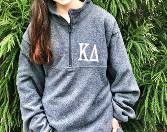 Kappa Delta Jacket Unisex Fit Quarter Zip Fleece Pullover Sweatshirt for Sorority Big Little Bid Day Gifts with Embroidered Greek KD Letters