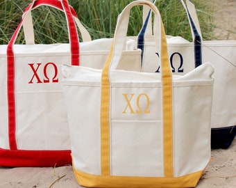 Chi Omega Sorority Canvas Bag, Embroidered Tote Zipper, Rush Week Bid Day Big Little Gift for Her, Small Medium Large Beach Chi O Merch