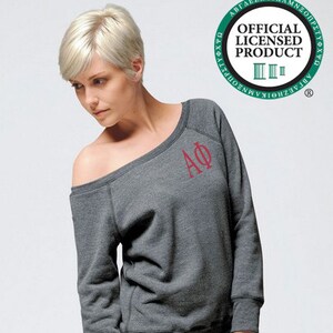 Alpha Phi Sweatshirt, Off Shoulder Wide Neck Pullover, Embroidered Alpha Phi Merch, Greek Sorority Apparel and Clothing Big Little Gifts,