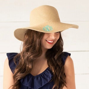 Monogram Floppy Hat, Embroidered Beach Hat, Personalize Derby Headwear, Womens Custom Wide Brim Sun Hat, Easter Gifts for Her image 1