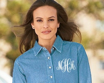 Monogram Denim Shirt, Embroidered Ladies Button Down Demin Chambray, Personalized Bridesmaid Gift for Her Under 30 Light or Dark Wash, Up