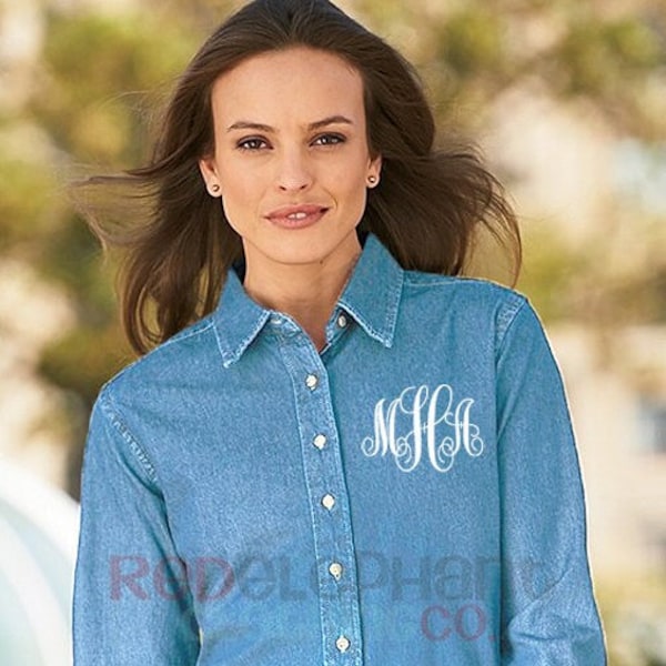 Monogram Denim Shirt, Embroidered Ladies Button Down Demin Chambray, Personalized Bridesmaid Gift for Her Under 30 Light or Dark Wash, Up