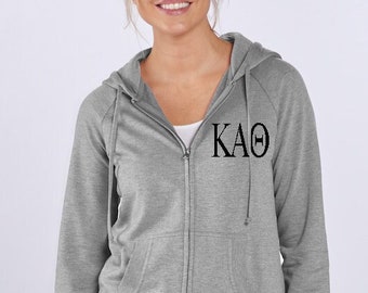 Kappa Alpha Theta Full Zip Hoodie Jacket Sweatshirt Kanga Pocket w/ Embroidered Sorority Greek Letters Apparel, Big Little Clothing & Merch