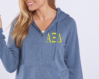Alpha Xi Delta Full Zip Hoodie Jacket Sweatshirt Kanga Pocket w/ Embroidered Sorority Greek Letters Apparel, Big Little Clothing AXiD Merch