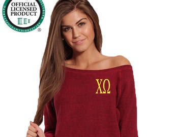 Chi Omega Sweatshirt, Off Shoulder Wide Neck Pullover Sweater, Embroidered Chi O Merch, Greek Sorority Apparel and Clothing Big Little Gifts