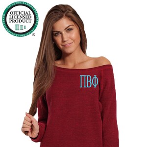 Pi Beta Phi Sweatshirt, Off Shoulder Wide Neck Pullover, Embroidered Pi Phi Merch, Greek Sorority Apparel and Clothing Big Little Gifts image 1