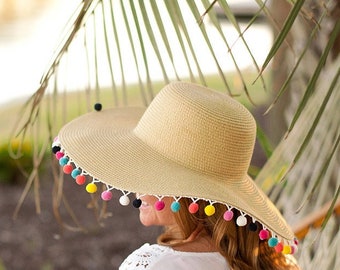 Monogram Floppy Hat, Personalized Beach Hat, Custom Derby Headwear, Womens Embroidered Wide Brim Sun Hat, Easter Gifts for Her, Pom Pom Trim