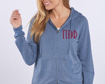 Pi Beta Phi Full Zip Hoodie Jacket Sweatshirt Kanga Pocket w/ Embroidered Sorority Greek Letter Apparel, Big Little Clothing Pi Phi Merch