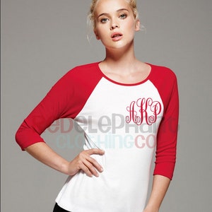 Monogram Raglan Tee Shirt, Ladies Baseball 3/4 sleeve Juniors Fit 100% Cotton Top