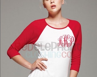 Monogram Raglan Tee Shirt, Ladies Baseball 3/4 sleeve Juniors Fit 100% Cotton Top