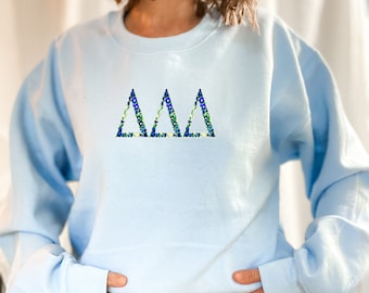 Delta Delta Delta Embroidered Sweatshirt, Tri Delta Crew Neck Pullover Sorority Greek Letters Merch, Rush Bid Day Clothing Big Little Gift