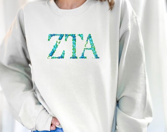 Zeta Tau Alpha Embroidered Crewneck Sweatshirt, ZTA Pullover Crew Neck Sweater Sorority Greek Letters Merch, Rush Bid Day Big Little Gifts