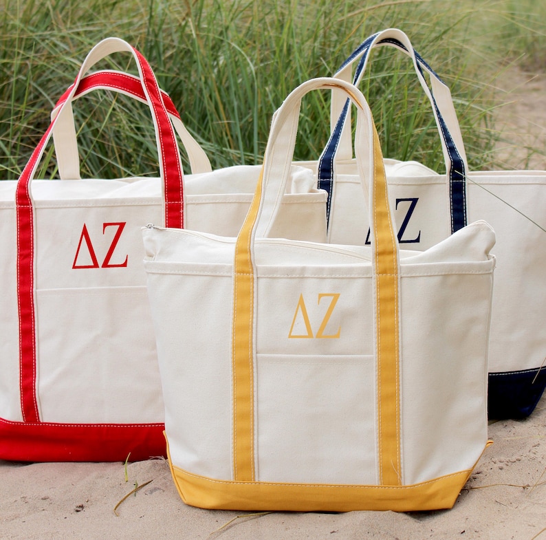 Delta Zeta Sorority Canvas Bag, Embroidered Greek Tote Zipper, Rush Week Bid Day Big Little Gifts for Her, Small Medium Large Beach DZ Merch image 11