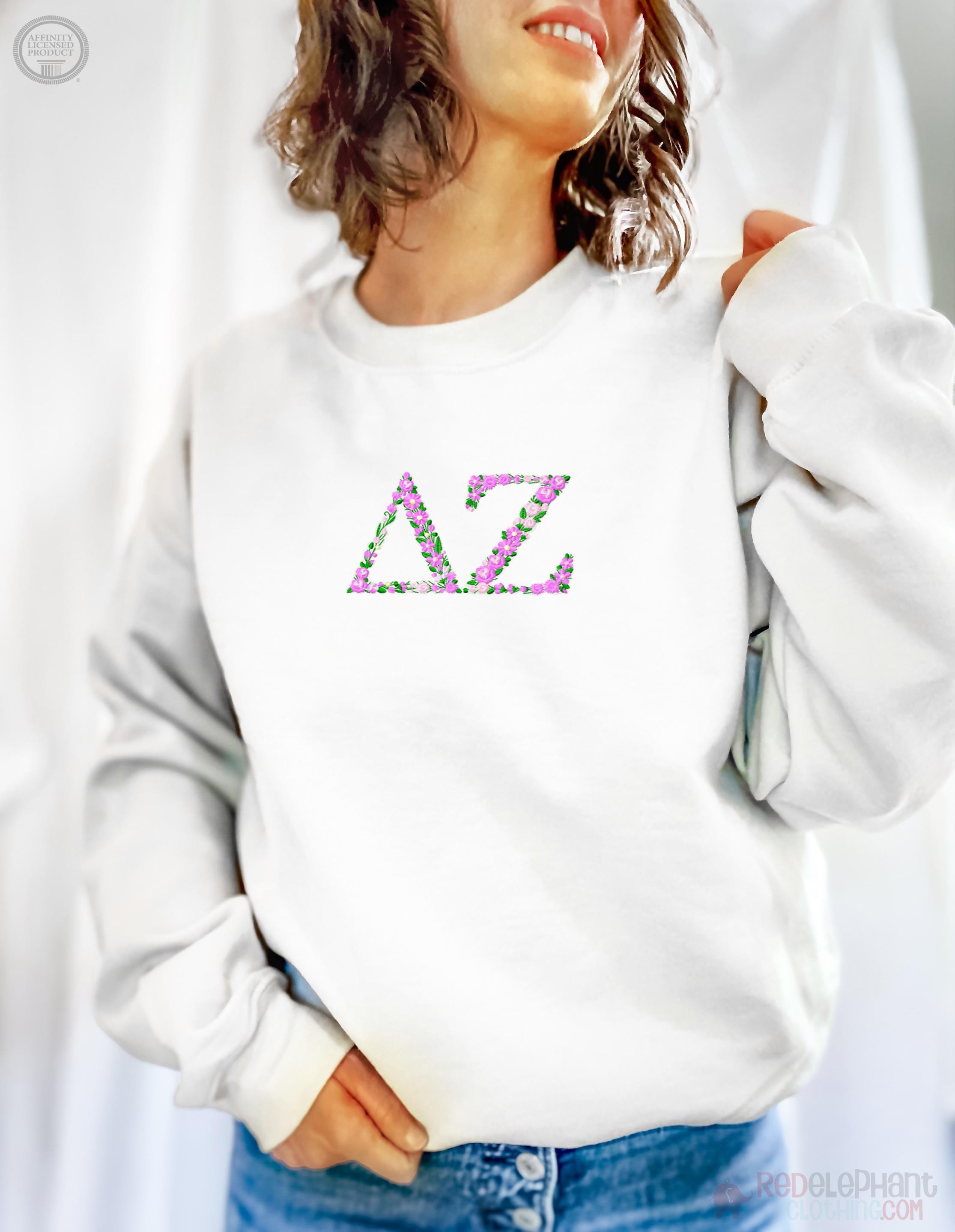 Delta Zeta Embroidered Sweatshirt, DZ Crew Neck Pullover Sweater Sorority Greek Letters Merch, Rush Bid Day Clothing Big Little Reveal Gift