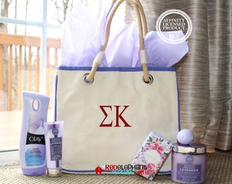 Sigma Kappa Sorority Canvas Tote Bag with Rope Handles or Zip Pouch, Embroidered Sig Kap Greek Letters Merch, Rush Bid Day Big Little Gift