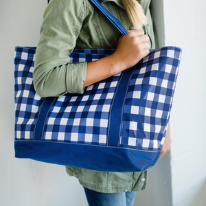 Monogrammed Tote Bag, Personalized Bag, Bridesmaid Tote Bag, Navy Stripe Bag, Embroidered Duffle Bag, Monogram Carry On, Blue Gigham Bag