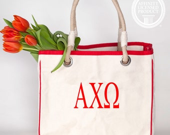 Alpha Chi Omega Sorority Canvas Tote Bag Rope Handle or Zip Pouch, Embroidered A Chi O Greek Letters Merch, Rush Bid Day Big Little Gifts