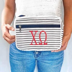 Chi Omega Make Up Bag Embroidered Greek Letters, Cosmetic MakeUp Toiletry Bag, Sorority Rush Bid Day Chi O Merch Gift for Big Little